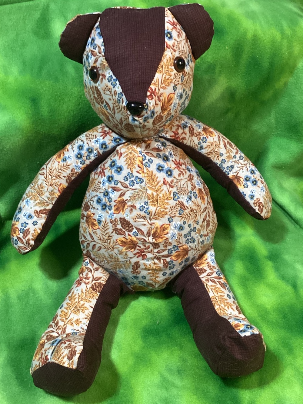 Hand Crafted Brown and Blue Floral Patchwork Teddy Bear Handmade Stuffed Decor